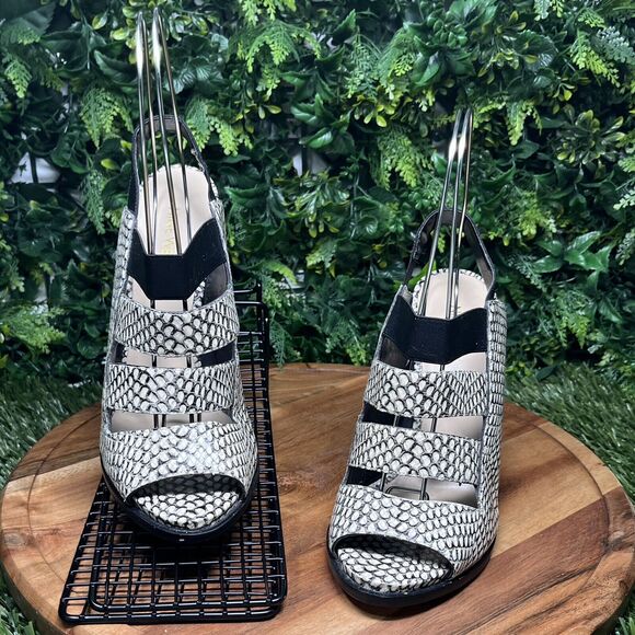NINE WEST Heels‎ Women 9 Black White Snake Print Open Toe Sling back 2108 - Picture 1 of 13